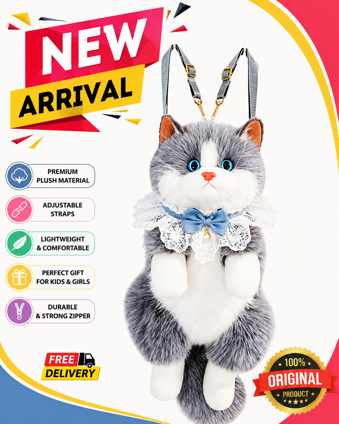 Realistic Cat Plush Backpack with Meow Sound, Handmade Stuffed Animal Cat Bag for Girls Women, Cute Kawaii Cat Shaped Shoulder Crossbody Backpack with Adjustable Straps Gift Bag image 21