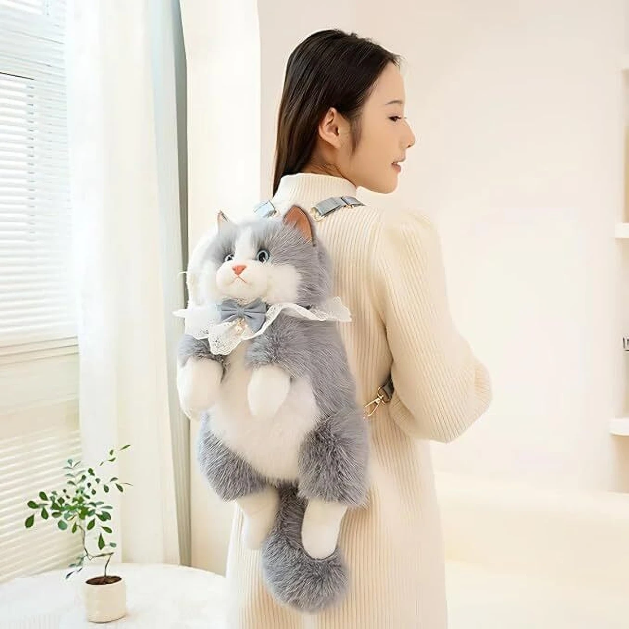 Realistic Cat Plush Backpack with Meow Sound, Handmade Stuffed Animal Cat Bag for Girls Women, Cute Kawaii Cat Shaped Shoulder Crossbody Backpack with Adjustable Straps Gift Bag image 32