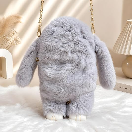 Bunny Rabbit Premium & Original Sling Bag, Grey, Faux Fur, Cute Animal Crossbody Bag with Gold Chain Strap image 9