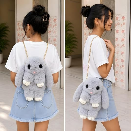 Bunny Rabbit Premium & Original Sling Bag, Grey, Faux Fur, Cute Animal Crossbody Bag with Gold Chain Strap image 6