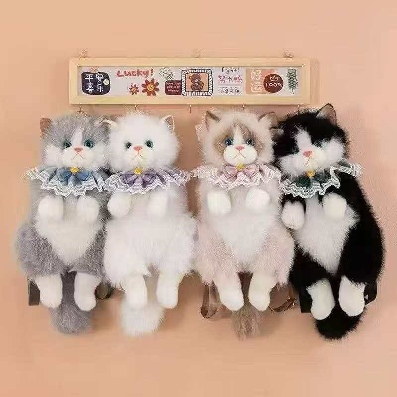 Realistic Cat Plush Backpack with Meow Sound, Handmade Stuffed Animal Cat Bag for Girls Women, Cute Kawaii Cat Shaped Shoulder Crossbody Backpack with Adjustable Straps Gift Bag