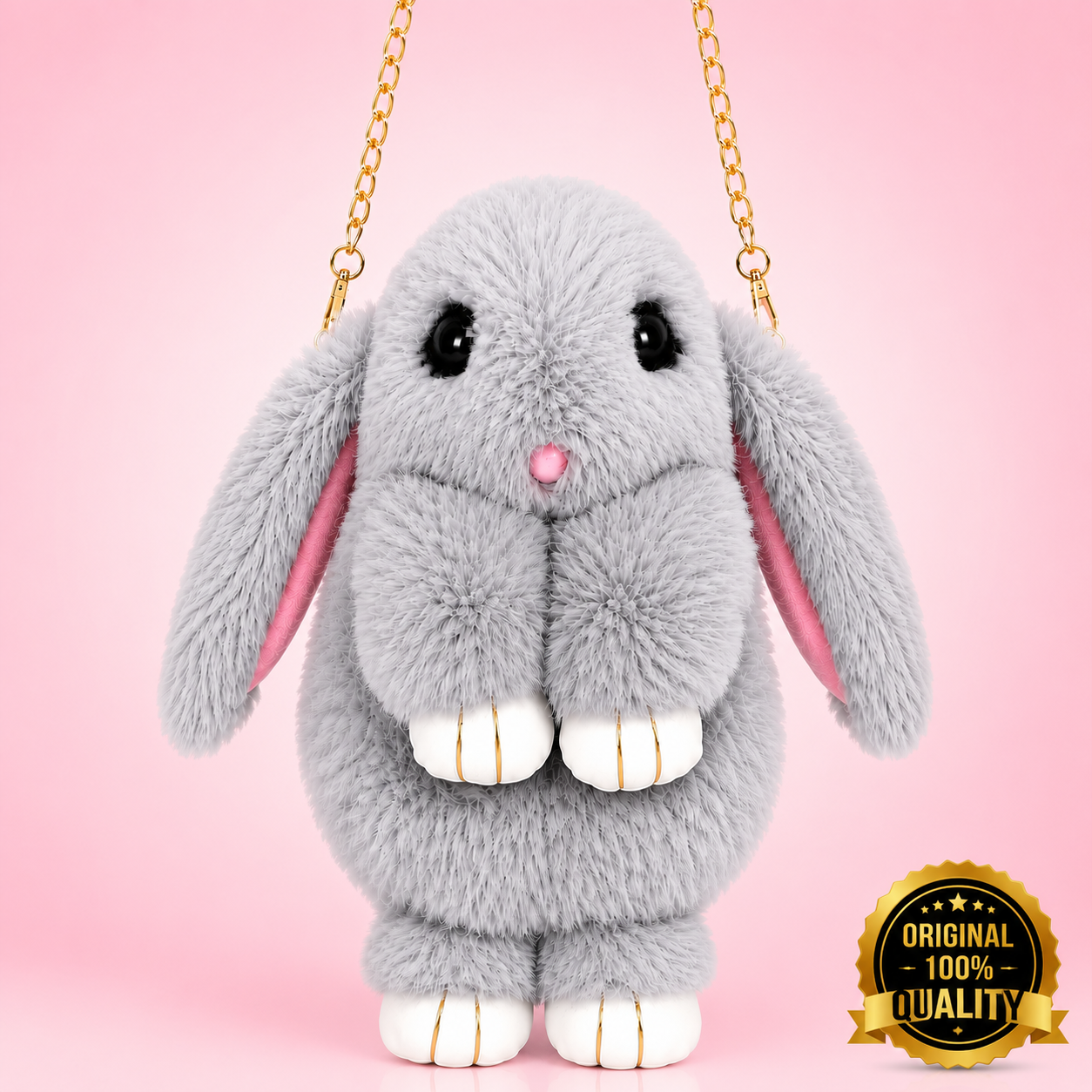 Bunny Rabbit Premium & Original Sling Bag, Grey, Faux Fur, Cute Animal Crossbody Bag with Gold Chain Strap