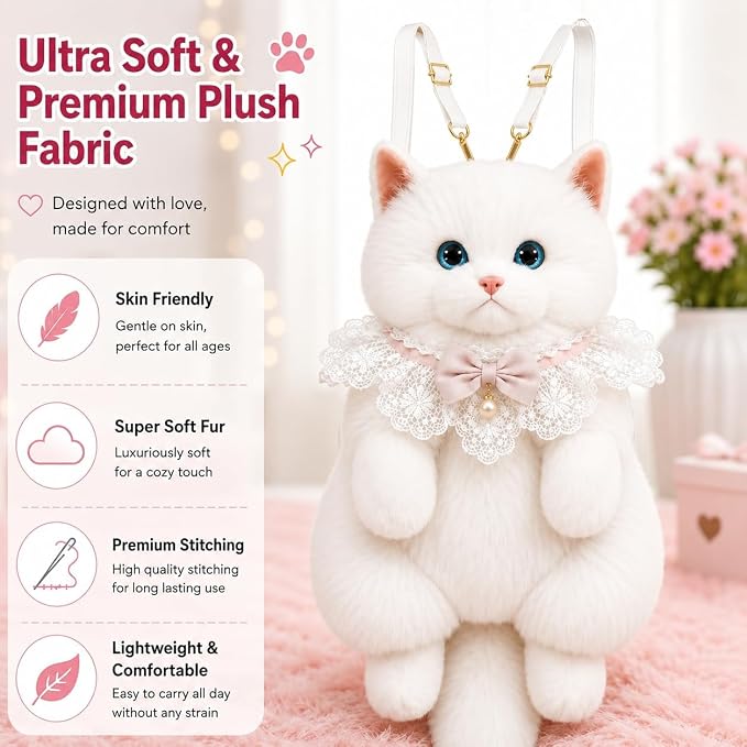 Premium & Original Cute Plush Cat Backpack for Girls & Women | Soft Stuffed Animal Shoulder Bag with Adjustable Straps | Kawaii Kitty Plush Backpack for School, Travel, Shopping, Gifts & Daily Use image 26