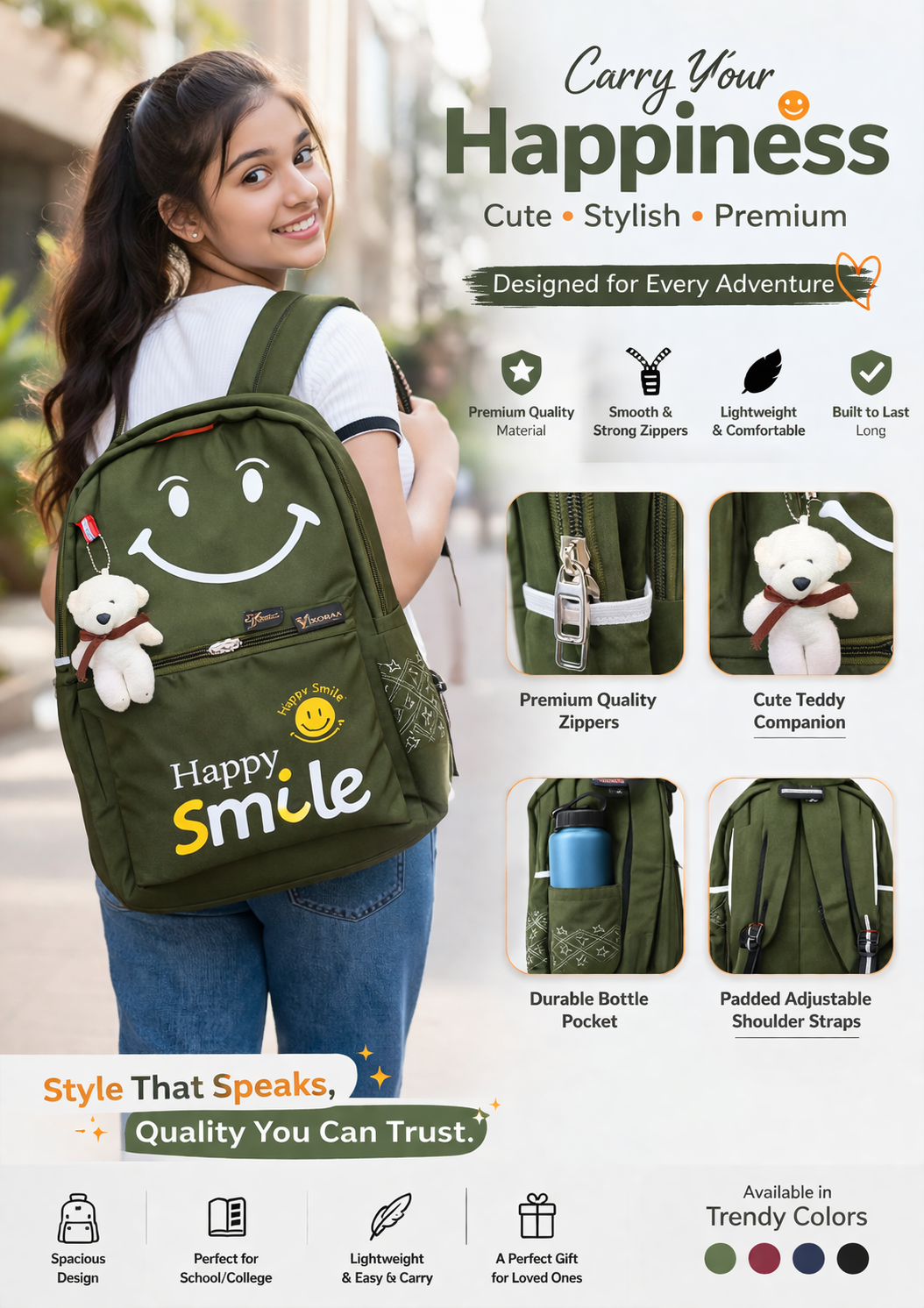 VIXORAA Kids School Backpack Green | Happy Smile Printed Bag with Teddy Keychain | Lightweight Waterproof School Bag for Boys & Girls | Stylish Travel Backpack