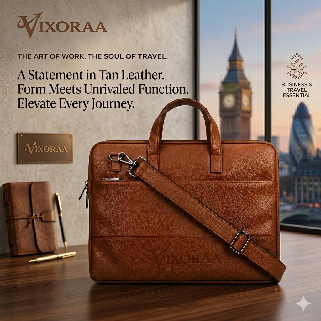 VIXORAA Premium Tan Leather Laptop Bag for Men | 15.6 Inch Messenger Office Bag | Stylish Briefcase with Shoulder Strap | Trolley Compatible | Waterproof Laptop Bag thumbnail 3