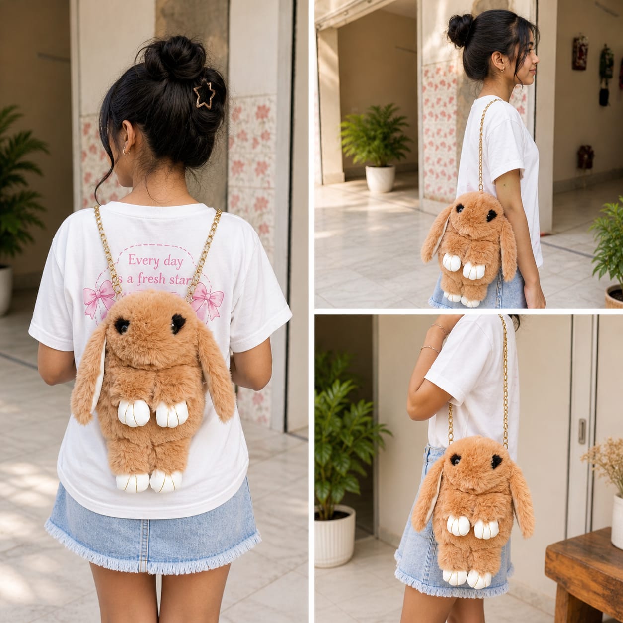 VIXORAA Cute Rabbit Plush Sling Bag for Girls & Women | Soft Fur Bunny Crossbody Shoulder Purse with Chain Strap thumbnail 2