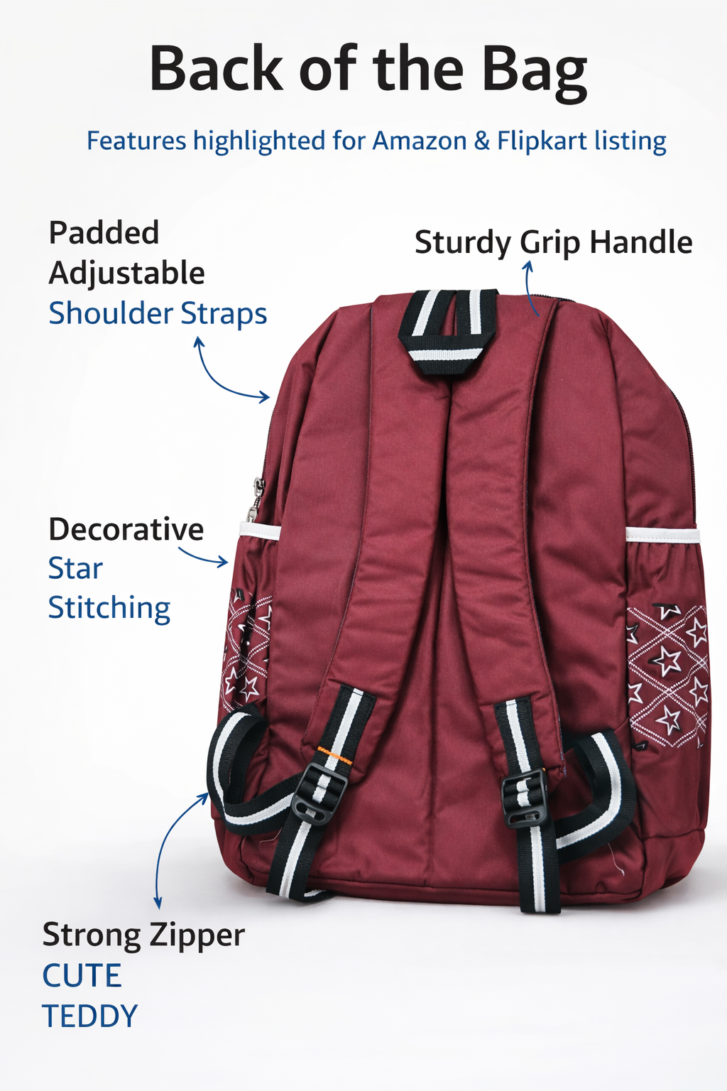 VIXORAA Kids School Backpack Maroon | Happy Smile Printed Bag with Teddy Keychain | Lightweight Waterproof School Bag for Boys & Girls | Cute Travel Backpack thumbnail 5