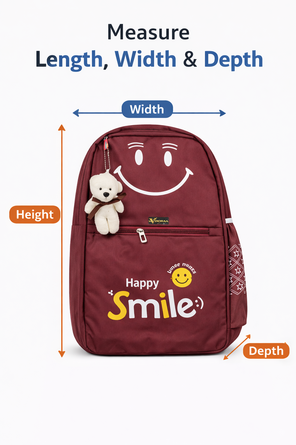 VIXORAA Kids School Backpack Maroon | Happy Smile Printed Bag with Teddy Keychain | Lightweight Waterproof School Bag for Boys & Girls | Cute Travel Backpack thumbnail 4