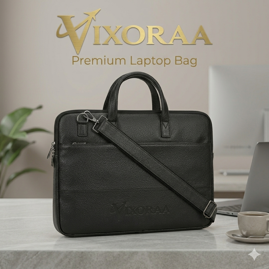 VIXORAA Premium Black Laptop Bag for Men | 15.6 Inch Leather Messenger Bag | Office Briefcase with Shoulder Strap | Trolley Compatible | Waterproof Business Bag