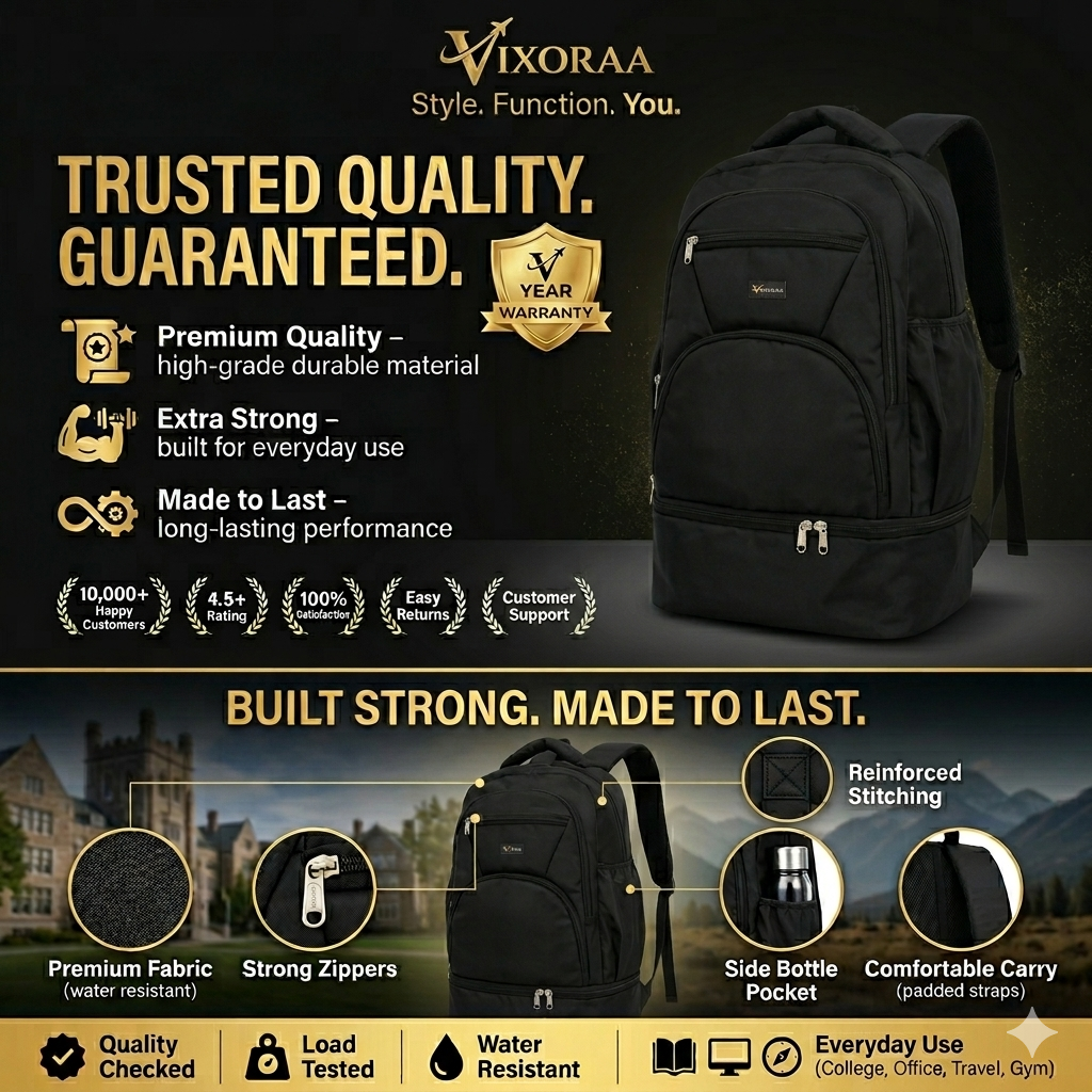 VIXORAA Black Laptop Backpack for Men & Women | Waterproof Multipurpose College, Office & Travel Bag with Multiple Compartments thumbnail 6