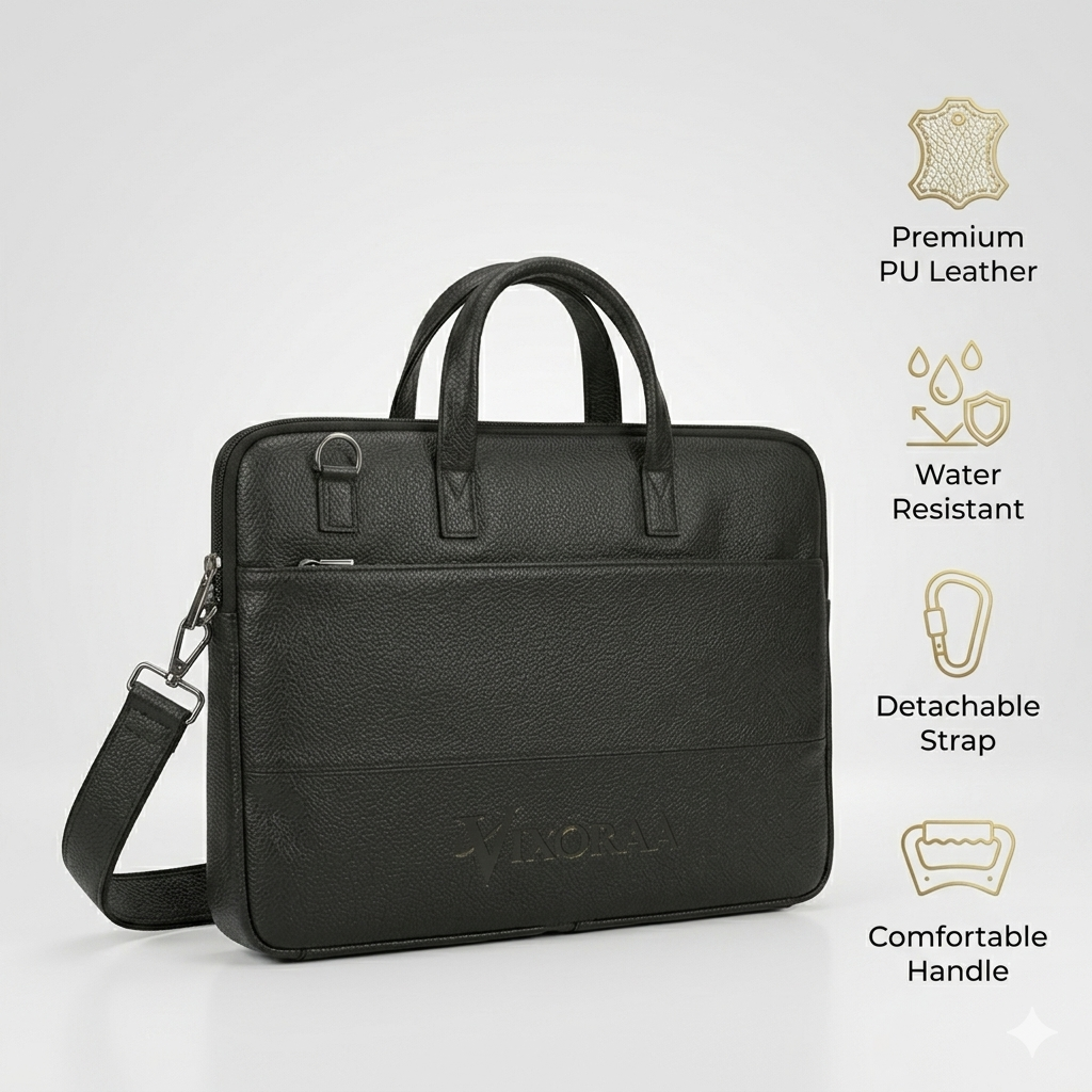 VIXORAA Premium Black Laptop Bag for Men | 15.6 Inch Leather Messenger Bag | Office Briefcase with Shoulder Strap | Trolley Compatible | Waterproof Business Bag thumbnail 4