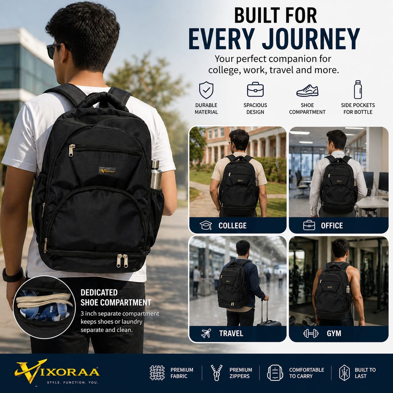 VIXORAA Black Laptop Backpack for Men & Women | Waterproof Multipurpose College, Office & Travel Bag with Multiple Compartments thumbnail 7