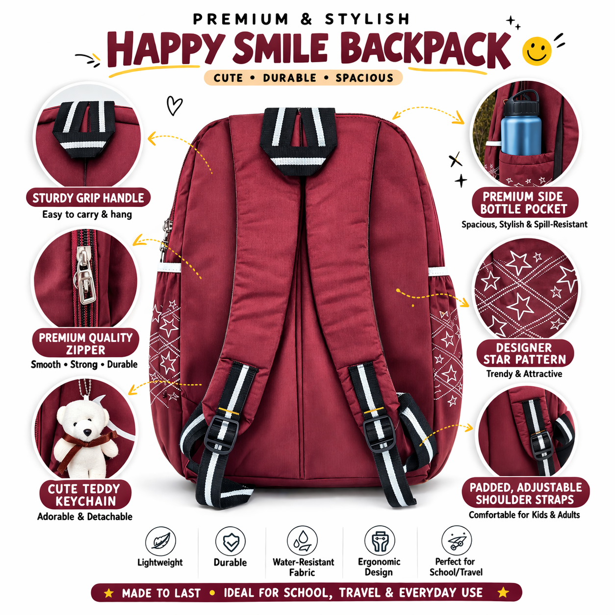 VIXORAA Kids School Backpack Maroon | Happy Smile Printed Bag with Teddy Keychain | Lightweight Waterproof School Bag for Boys & Girls | Cute Travel Backpack thumbnail 3