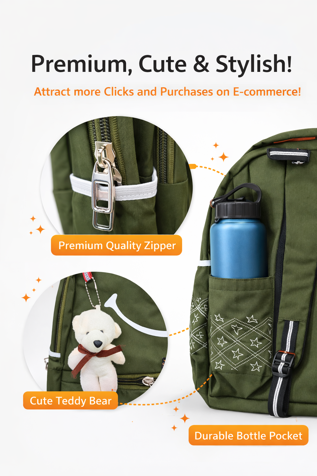 VIXORAA Kids School Backpack Green | Happy Smile Printed Bag with Teddy Keychain | Lightweight Waterproof School Bag for Boys & Girls | Stylish Travel Backpack thumbnail 2