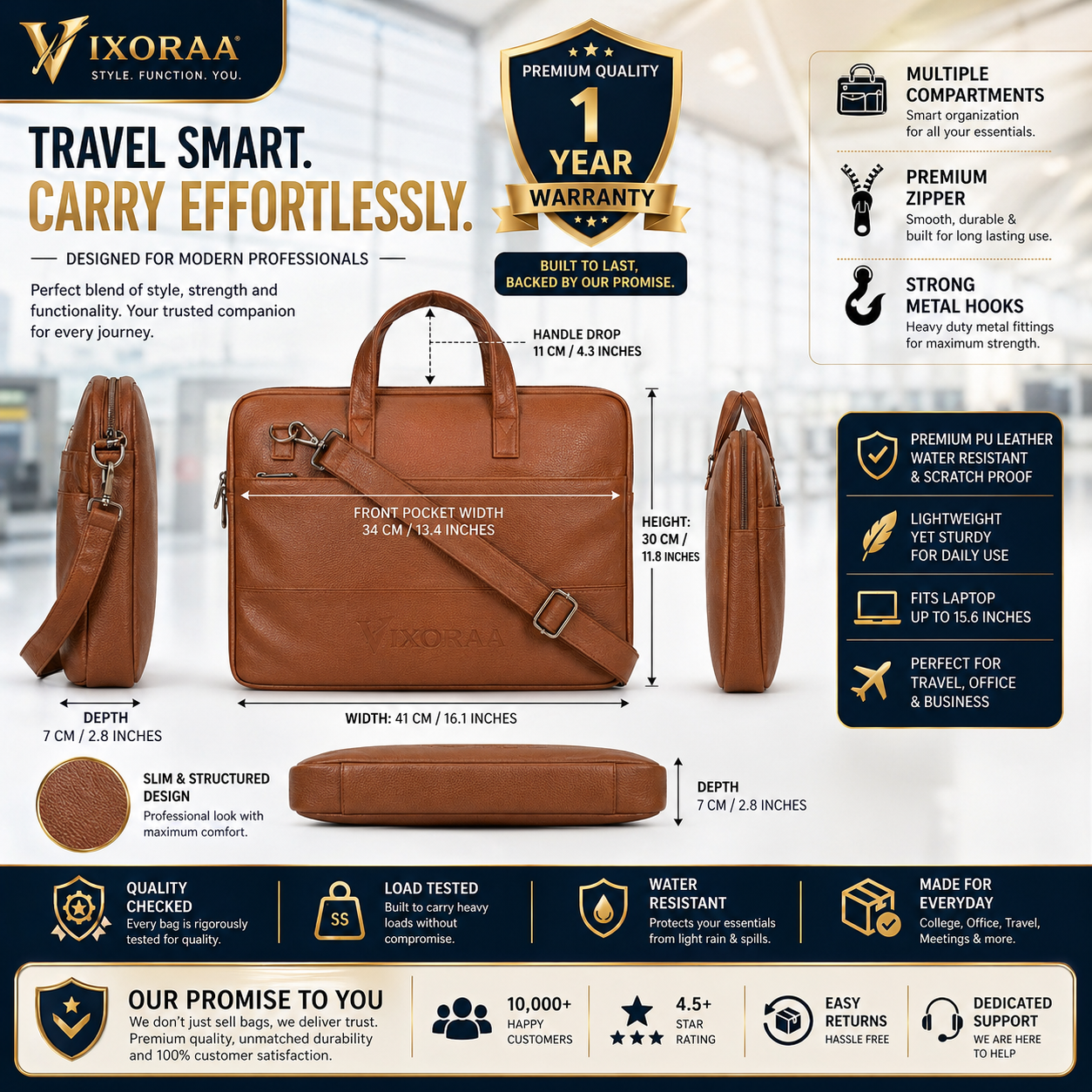 VIXORAA Premium Tan Leather Laptop Bag for Men | 15.6 Inch Messenger Office Bag | Stylish Briefcase with Shoulder Strap | Trolley Compatible | Waterproof Laptop Bag thumbnail 5