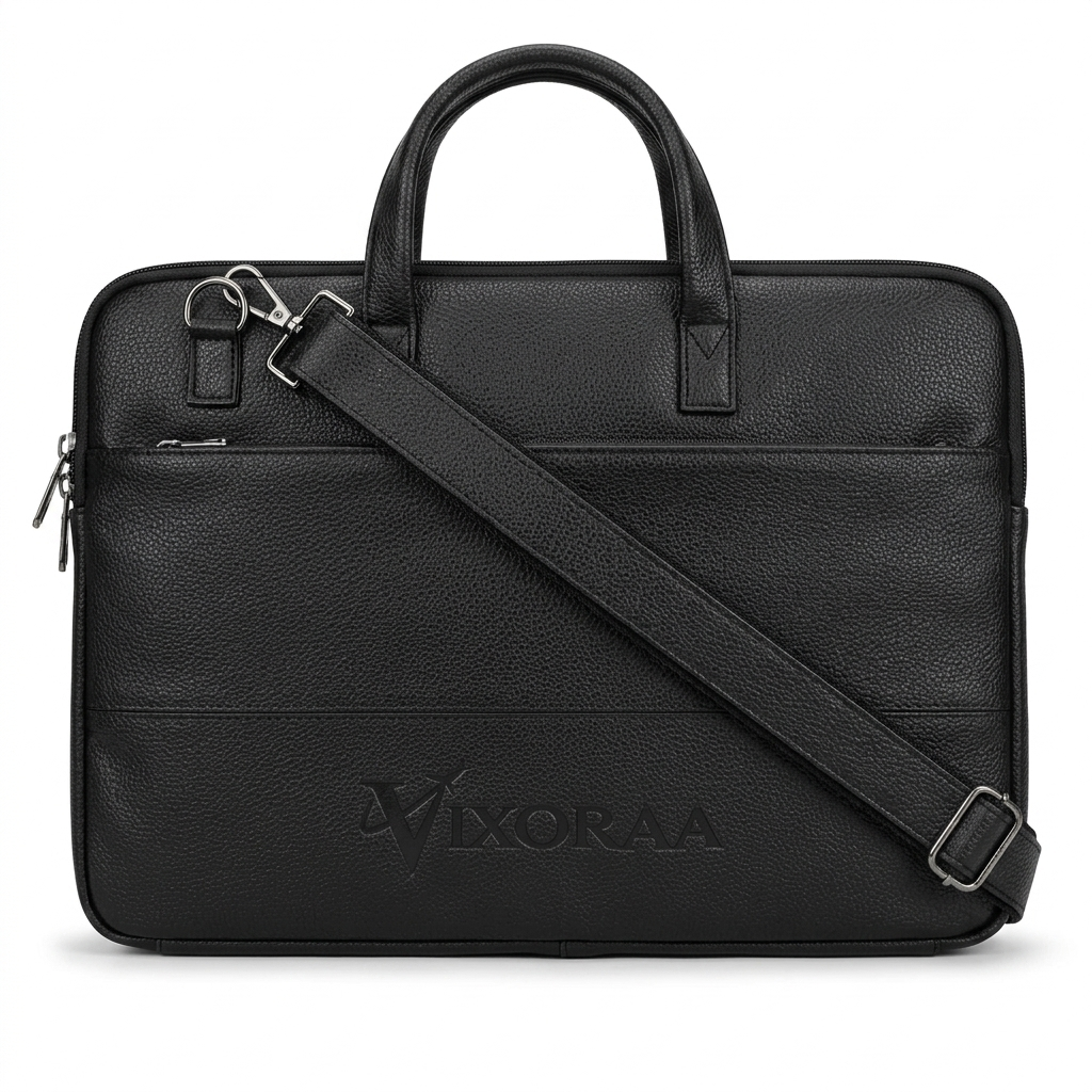VIXORAA Premium Black Laptop Bag for Men | 15.6 Inch Leather Messenger Bag | Office Briefcase with Shoulder Strap | Trolley Compatible | Waterproof Business Bag thumbnail 2