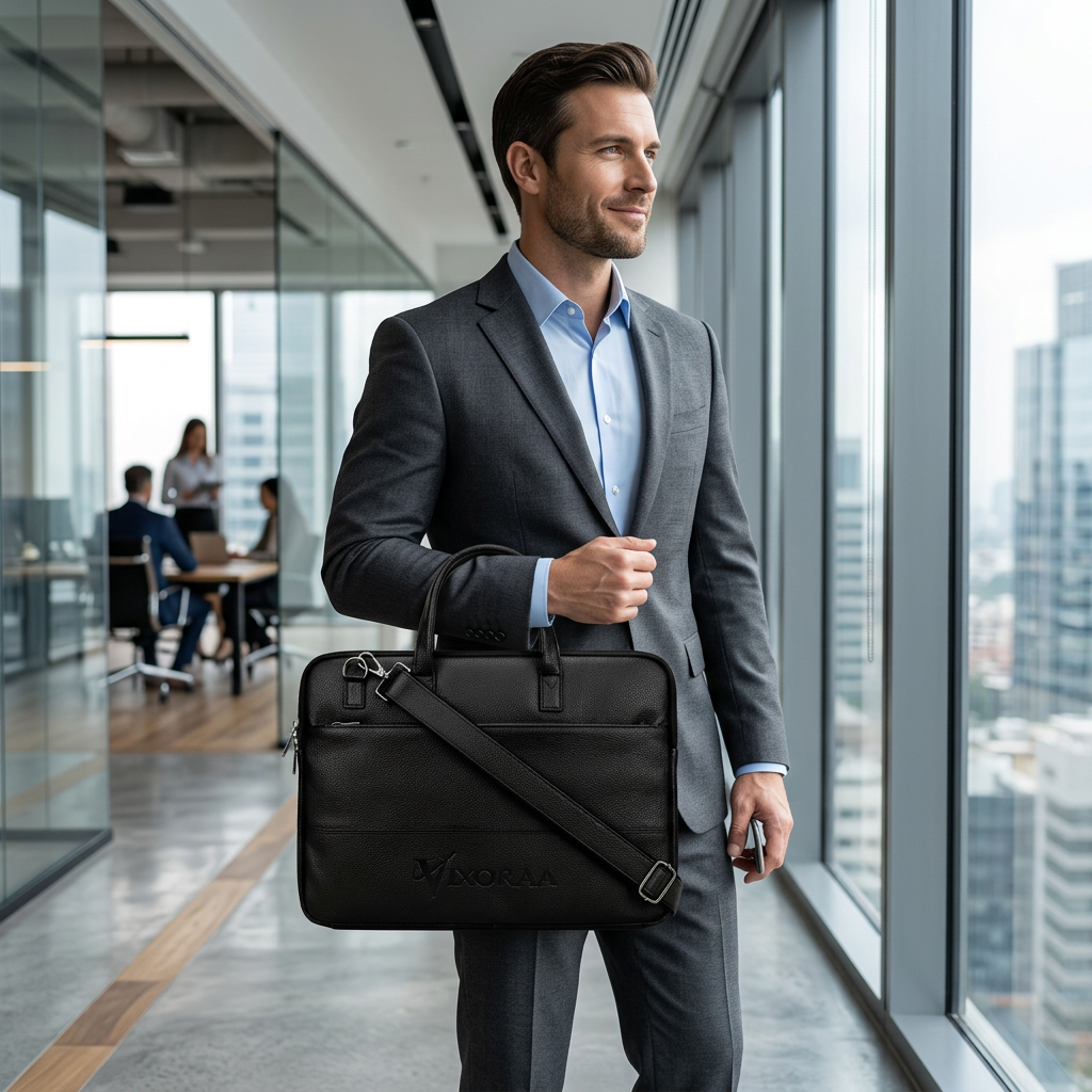 VIXORAA Premium Black Laptop Bag for Men | 15.6 Inch Leather Messenger Bag | Office Briefcase with Shoulder Strap | Trolley Compatible | Waterproof Business Bag thumbnail 5