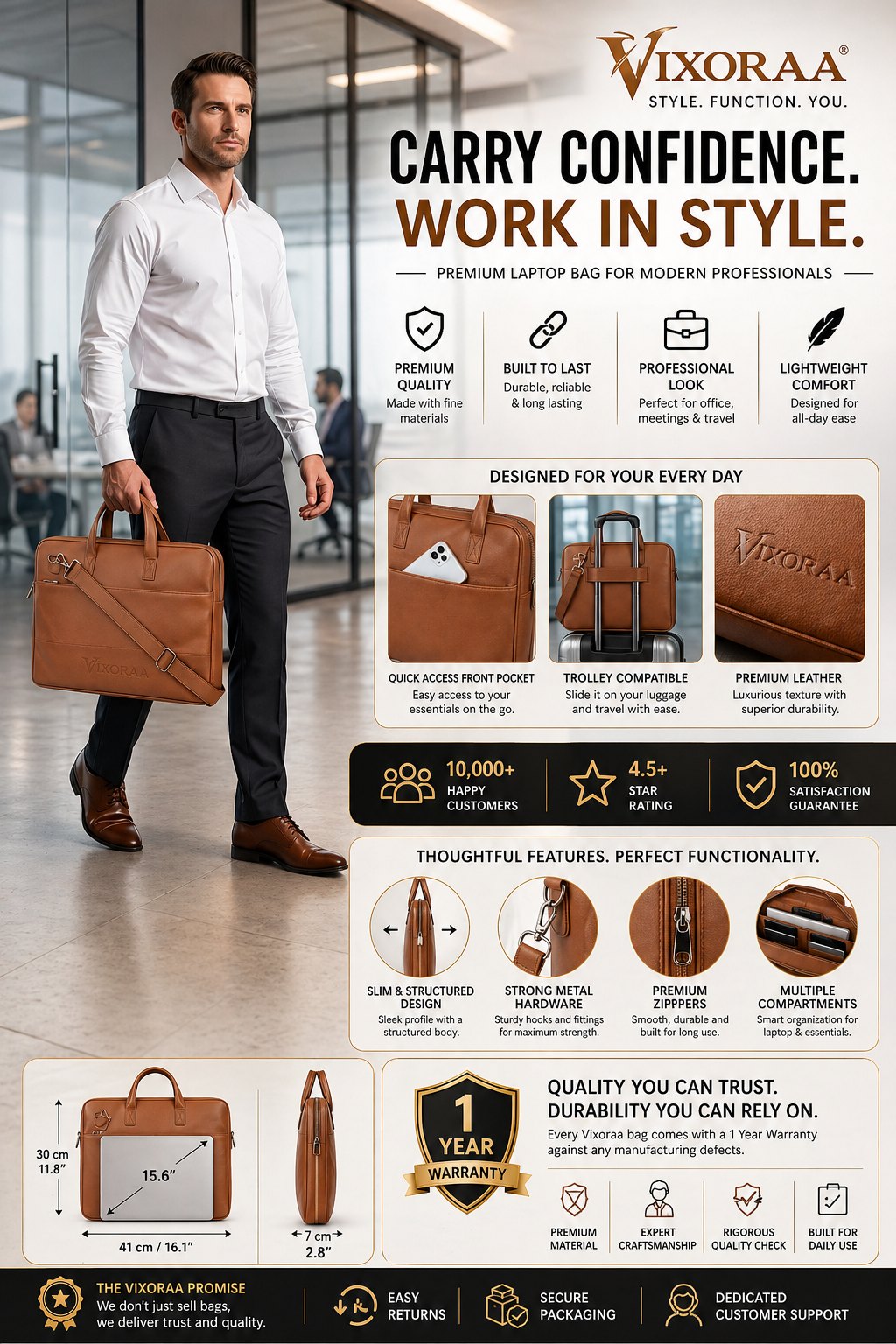 VIXORAA Premium Tan Leather Laptop Bag for Men | 15.6 Inch Messenger Office Bag | Stylish Briefcase with Shoulder Strap | Trolley Compatible | Waterproof Laptop Bag thumbnail 4