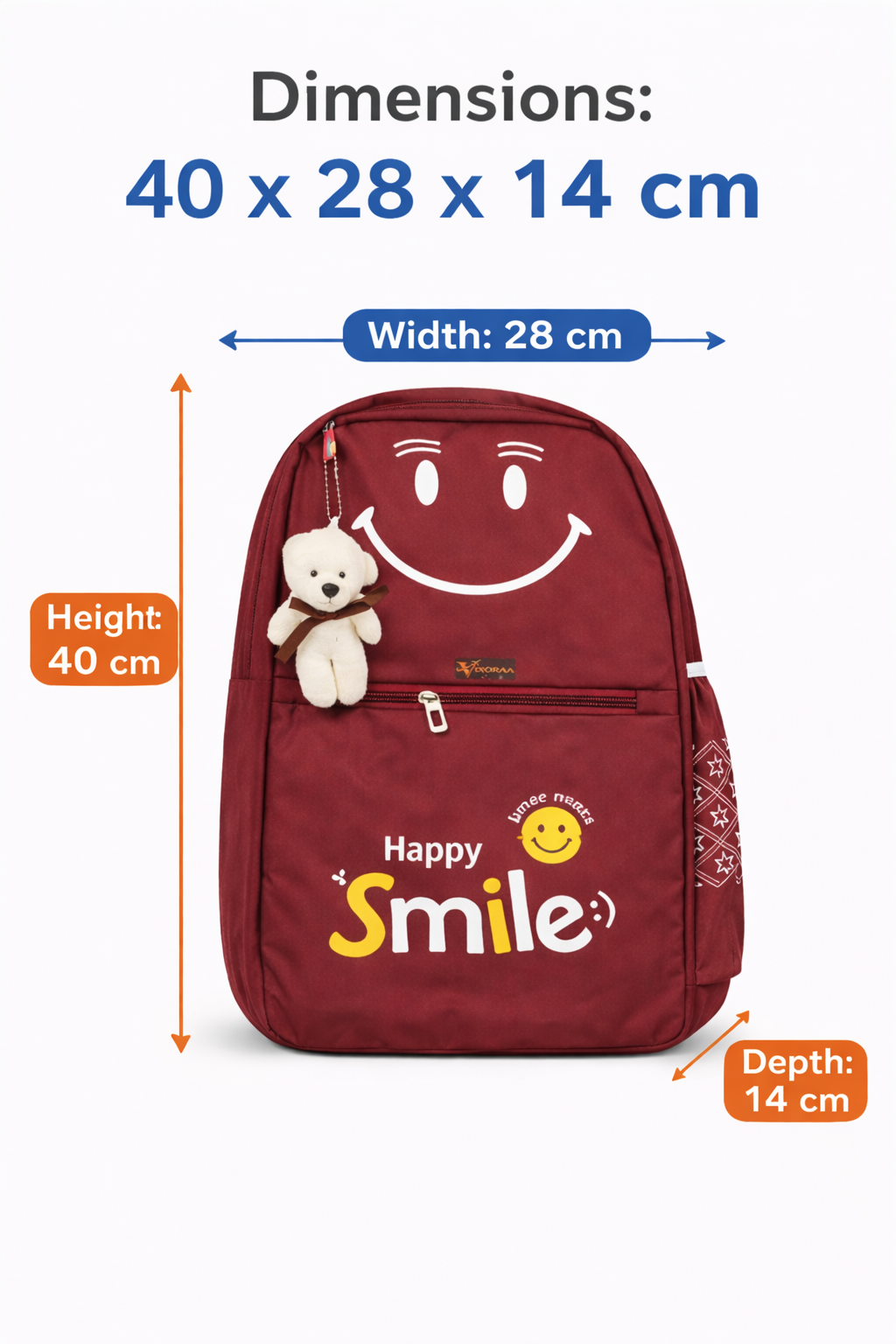 VIXORAA Kids School Backpack Maroon | Happy Smile Printed Bag with Teddy Keychain | Lightweight Waterproof School Bag for Boys & Girls | Cute Travel Backpack thumbnail 2
